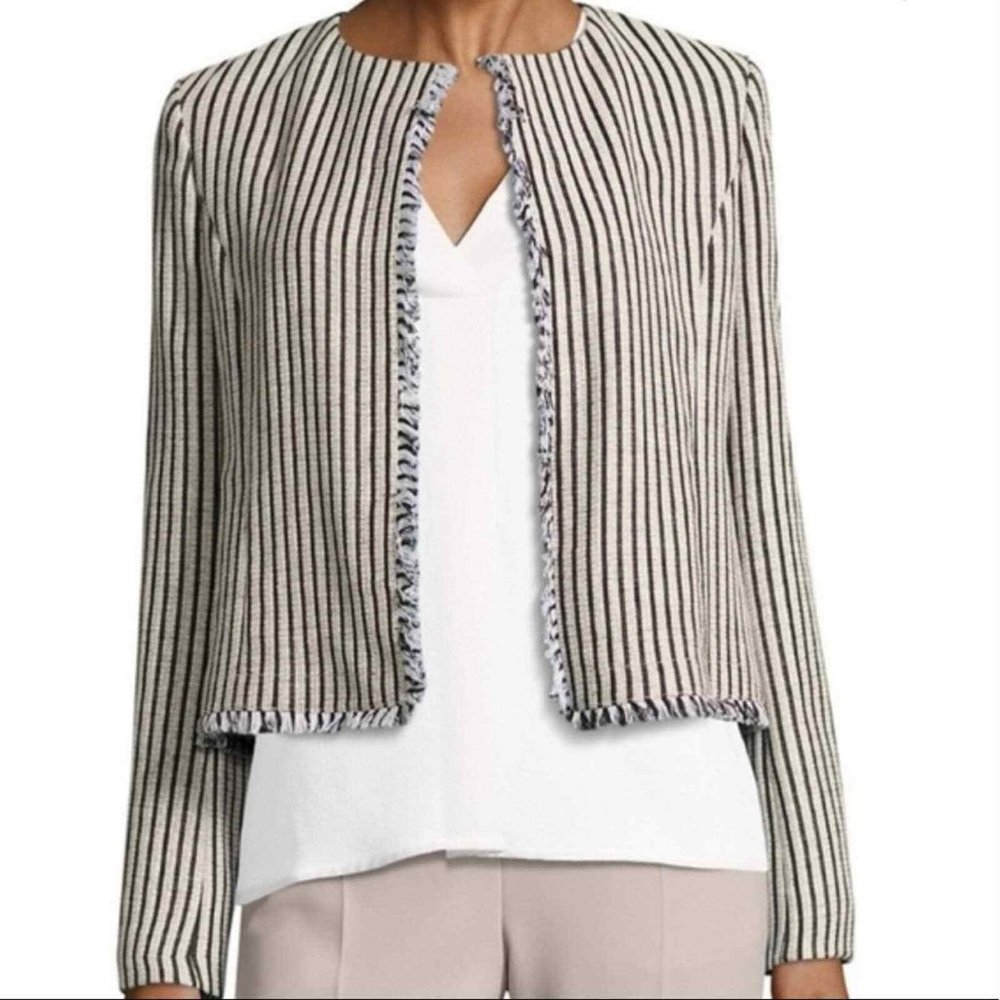 Hugo Boss Black and Cream Striped Open-Front Blazer